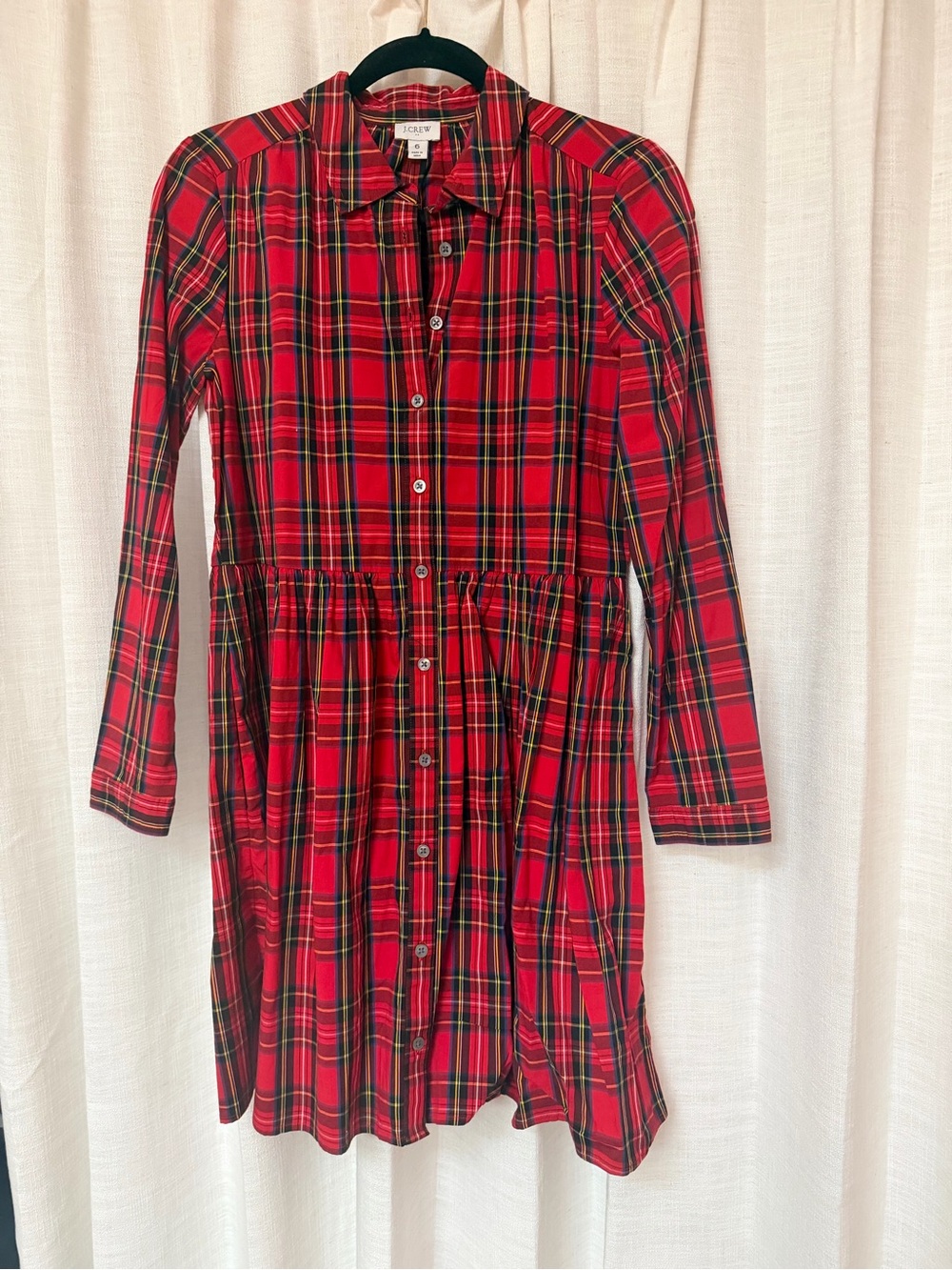 J. Crew Red Tartan Plaid Long sleeve button front shirt Dress women’s size 6
